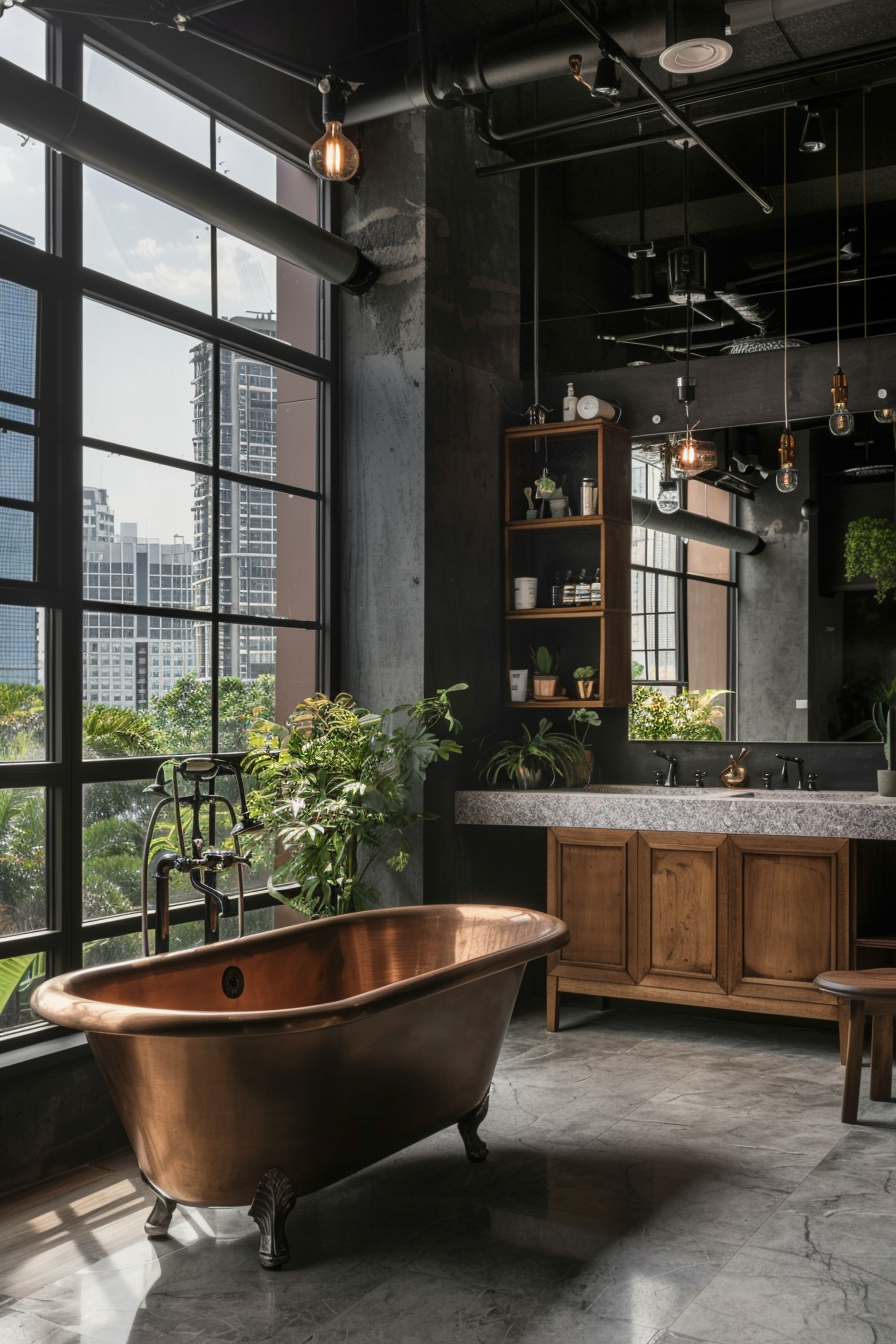 Industrial bathroom with a copper freestanding bathtub.