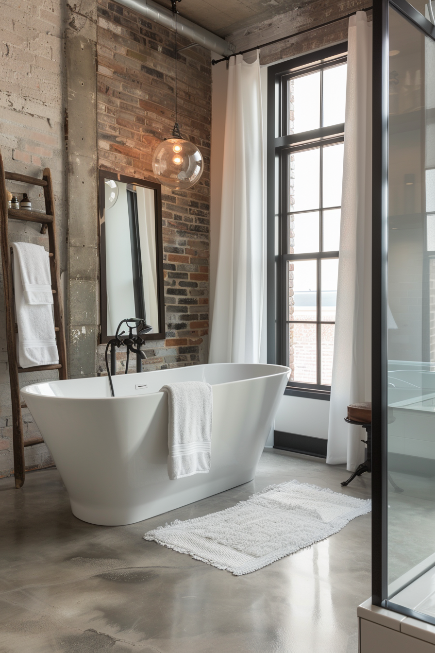 Bathroom with steel freestanding bathtub and exposed brick walls.