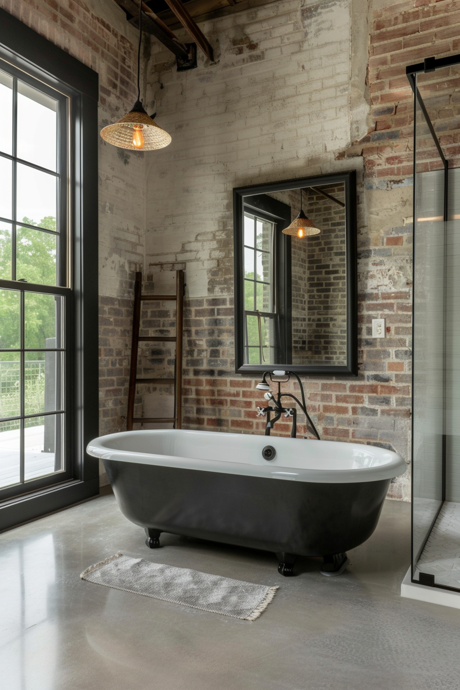 Industrial bathroom with metal bathtub and concrete floor.