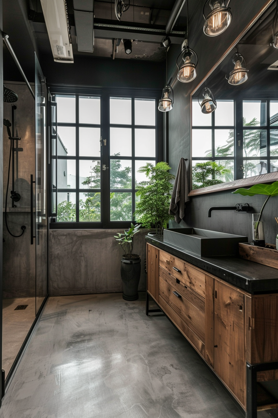 Industrial bathroom with a glass shower enclosure.