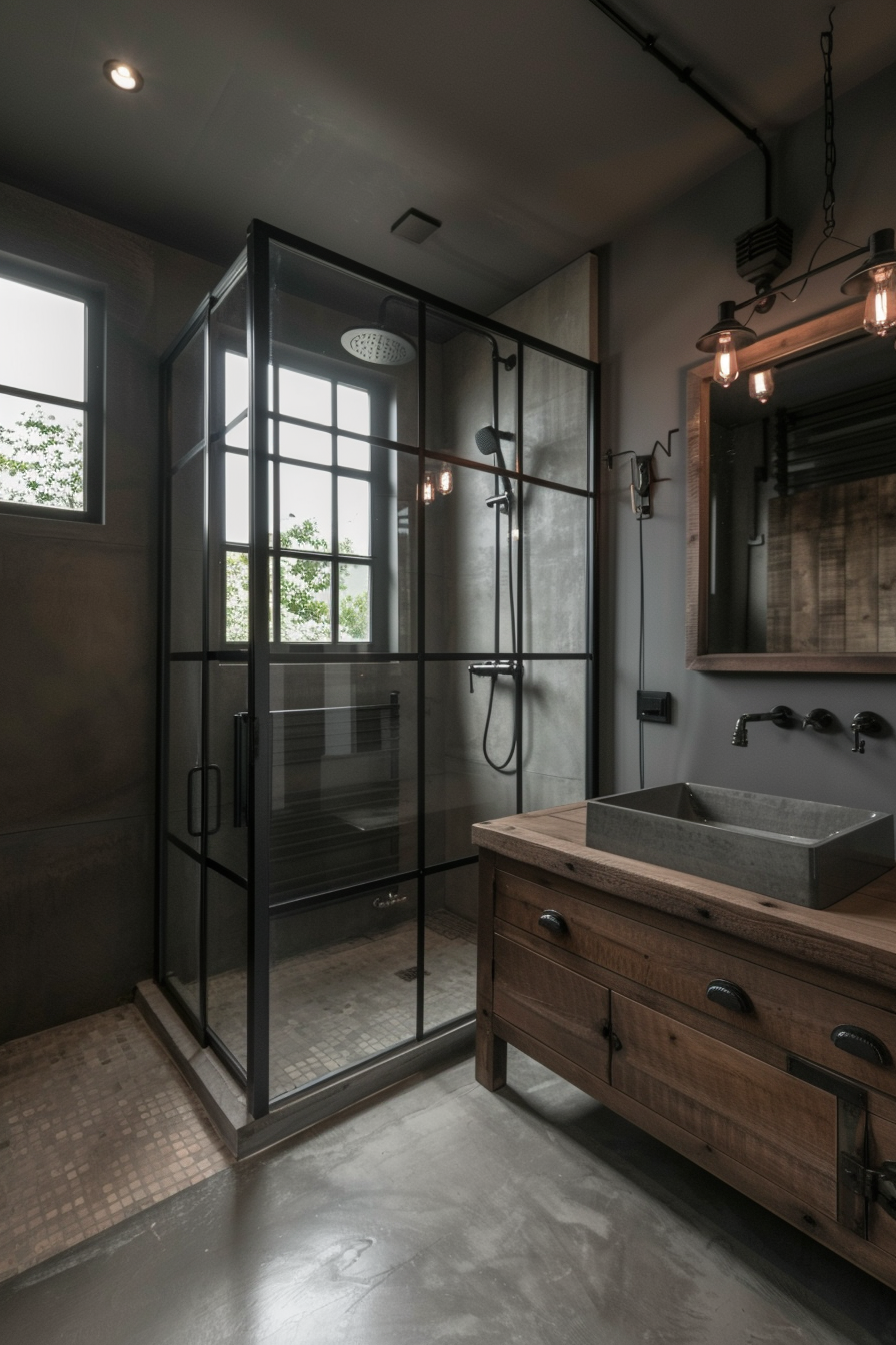 Bathroom with glass shower enclosure and metal fixtures.
