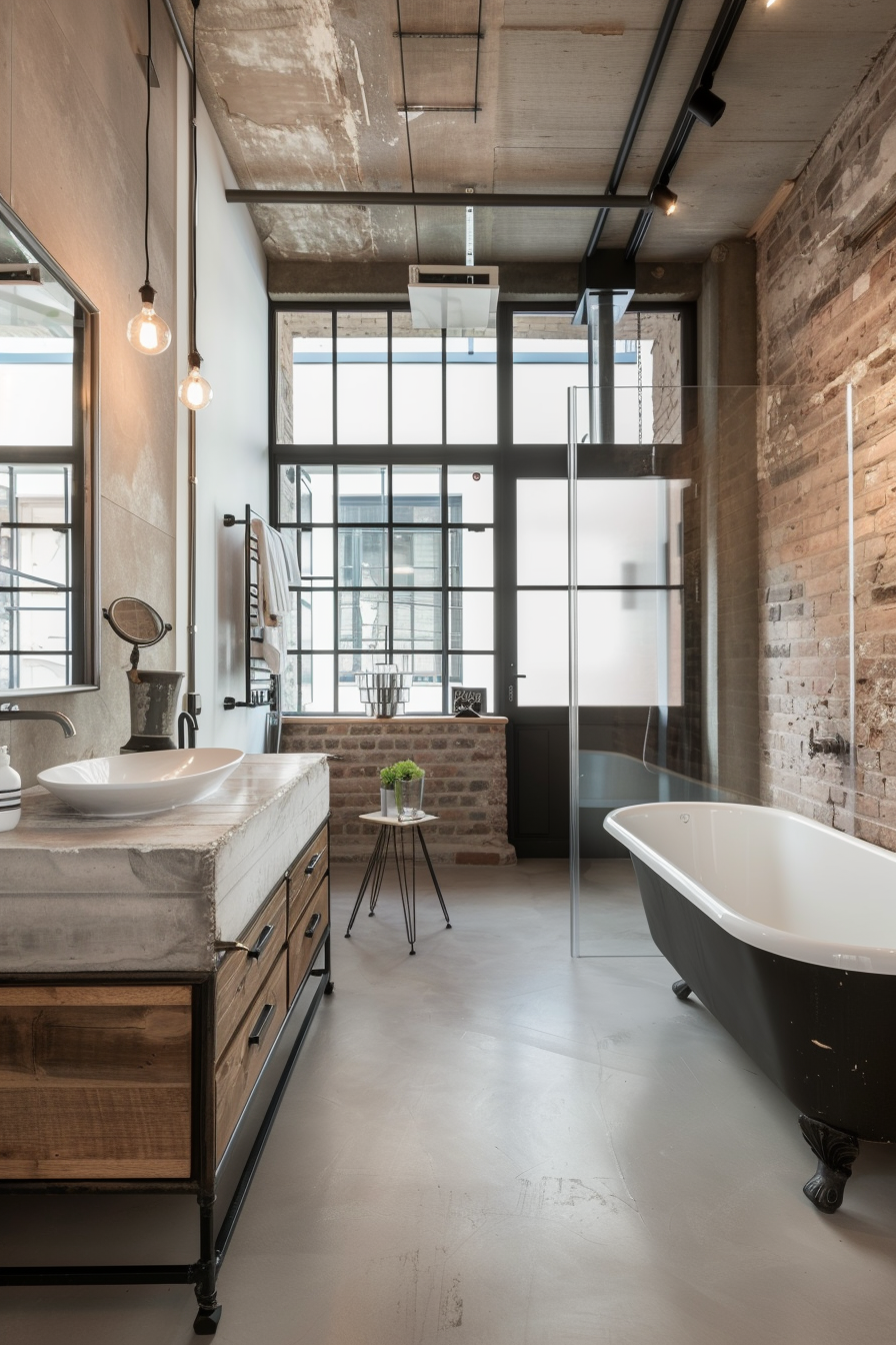 Industrial bathroom with glass shower and rustic vanity.