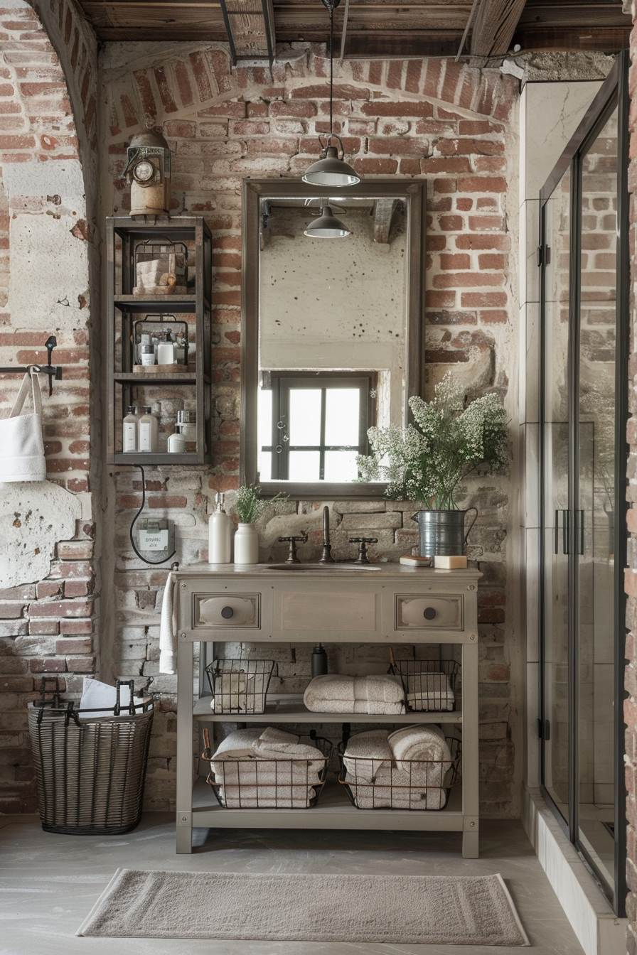 Industrial bathroom with vintage-inspired accessories.