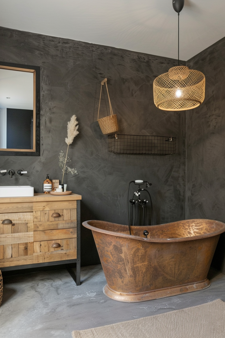Bathroom with industrial accessories and exposed brick walls.
