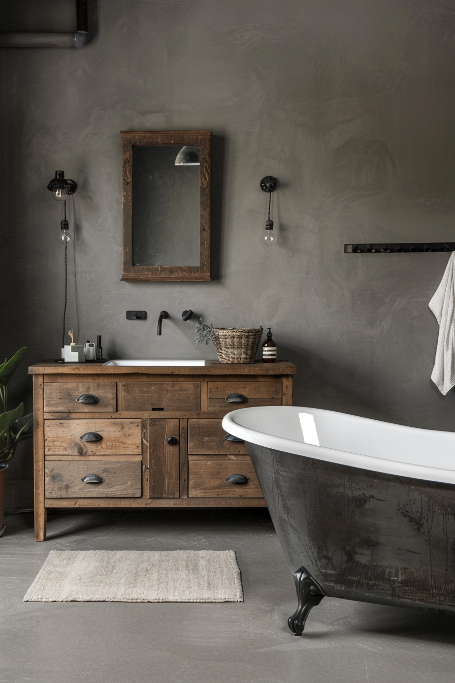 Industrial bathroom with wire baskets and rustic vanity.