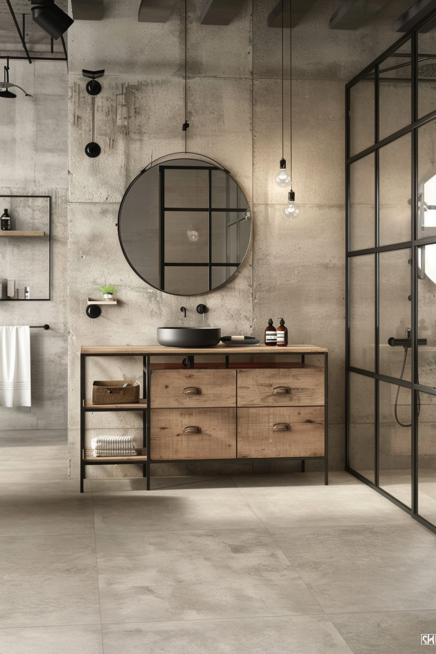 Industrial bathroom with minimalist decor and concrete walls.
