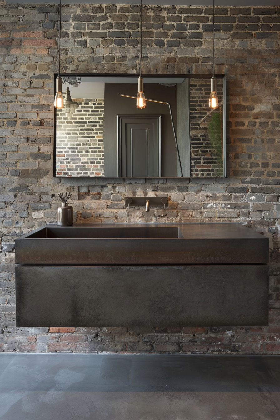 Bathroom with minimalist decor and exposed brick walls.