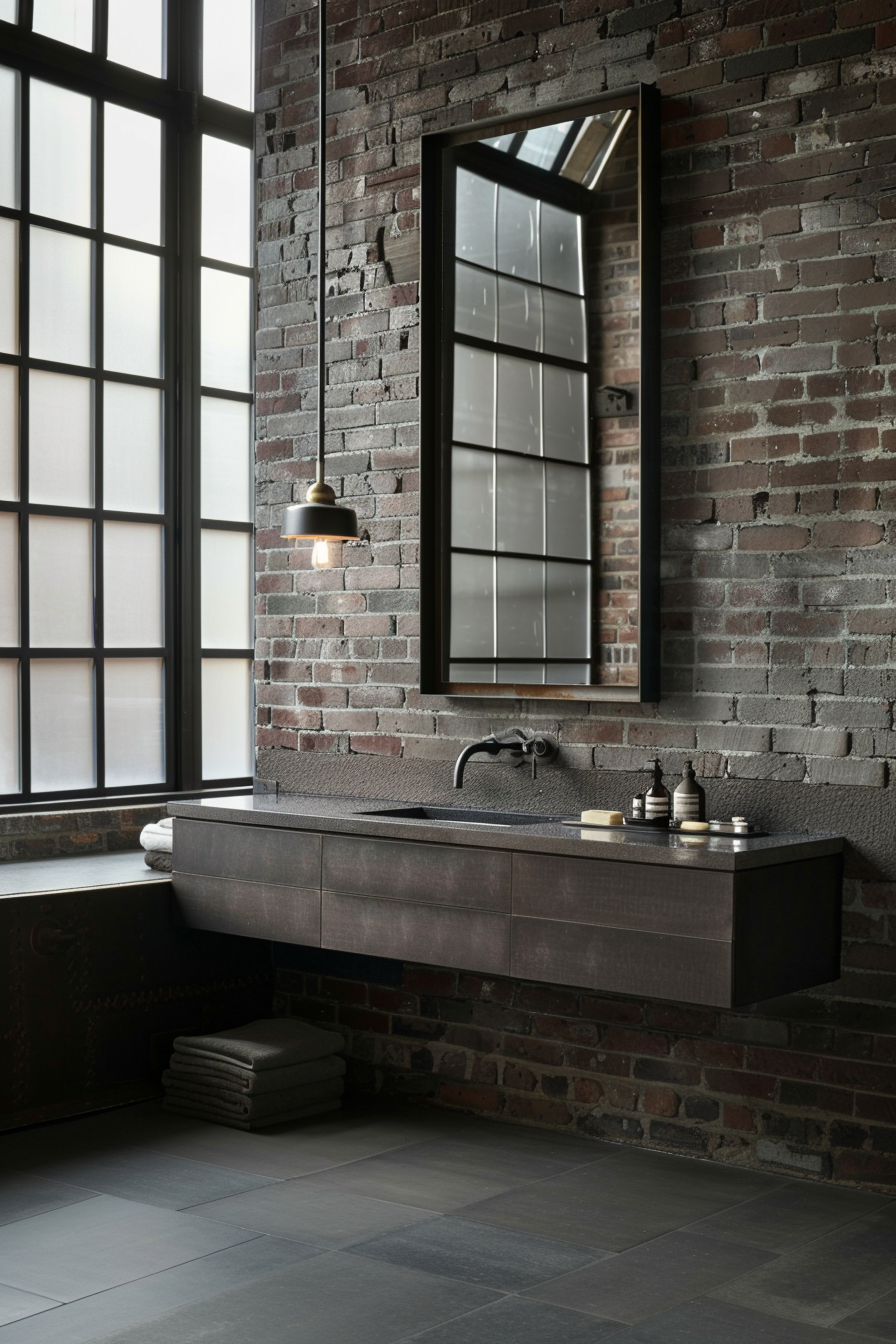 Industrial bathroom with steel-framed mirror and minimalist decor.