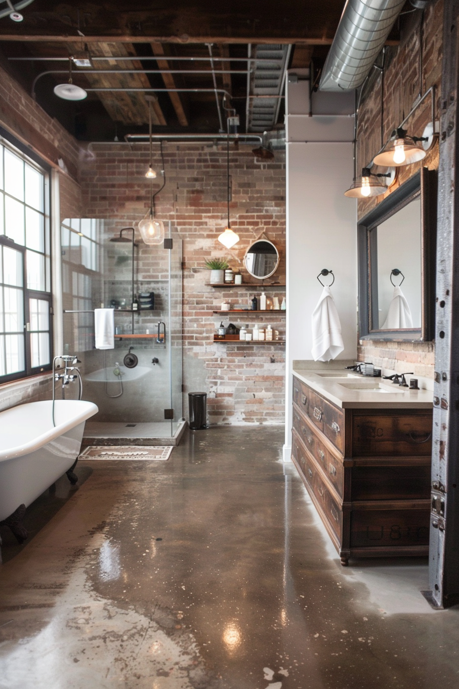 Industrial bathroom with polished concrete flooring.
