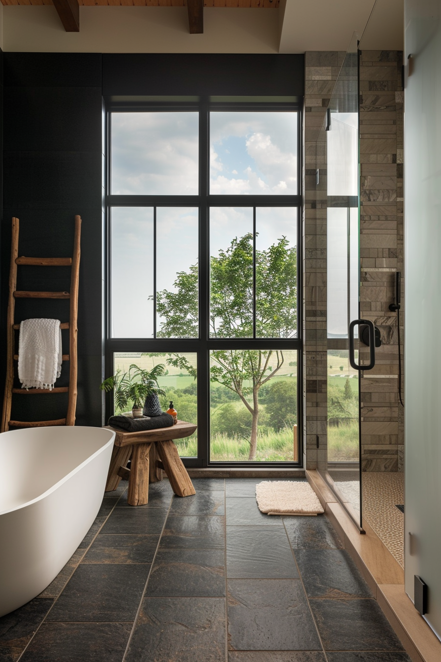 Bathroom with dark tiled flooring and industrial elements.