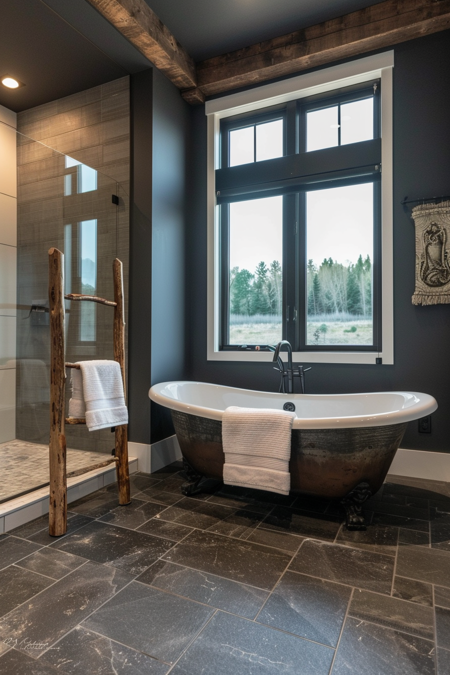 Industrial bathroom with concrete floor and rustic vanity.