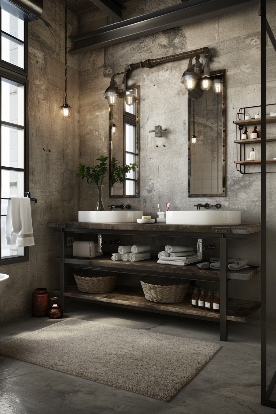 Functional and stylish industrial bathroom with dual-sink vanity.