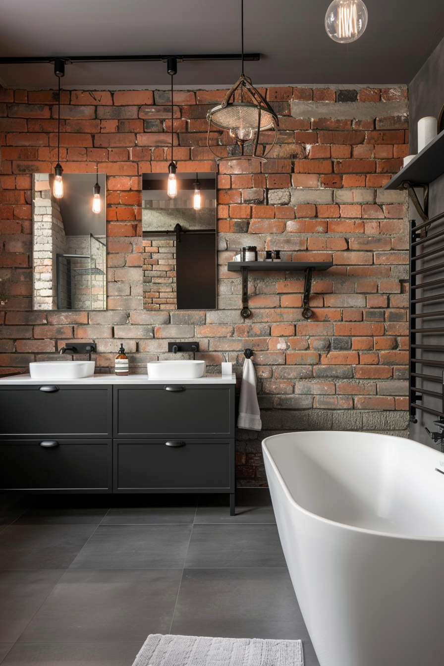 Bathroom combining functionality and style with freestanding bathtub.