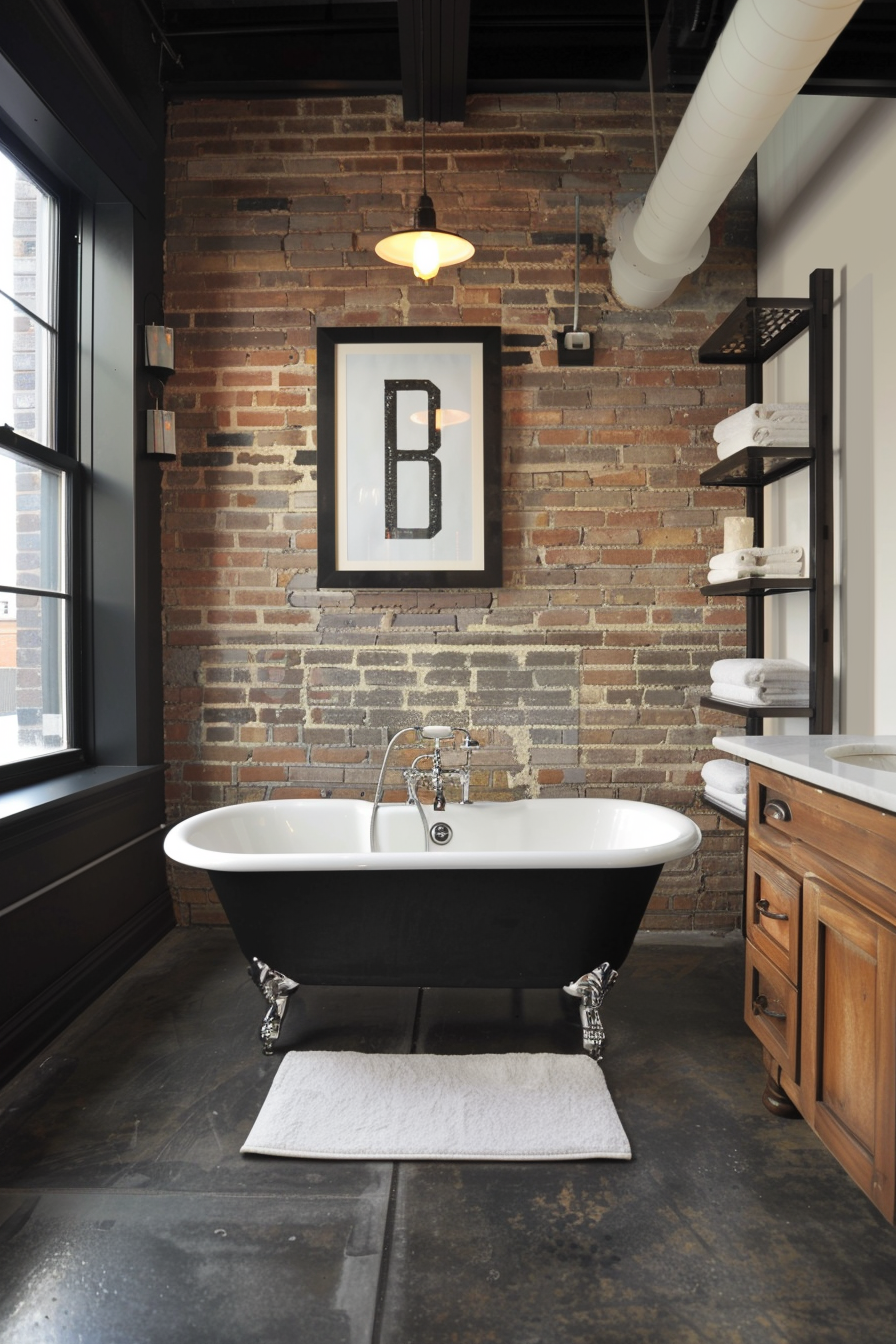 Industrial bathroom with dual-sink vanity and minimalist decor.
