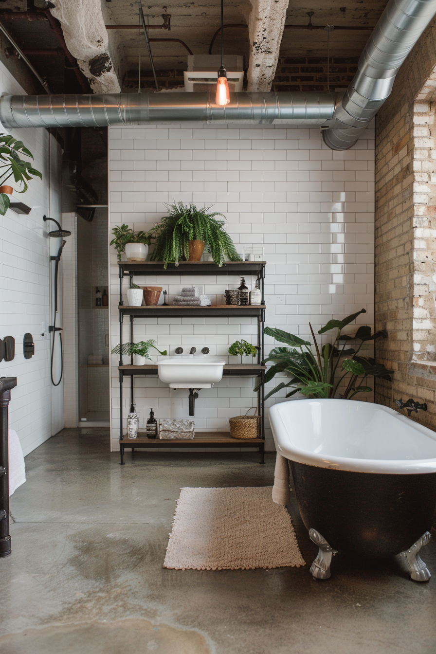 Industrial bathroom with black-painted exposed pipes and fixtures.