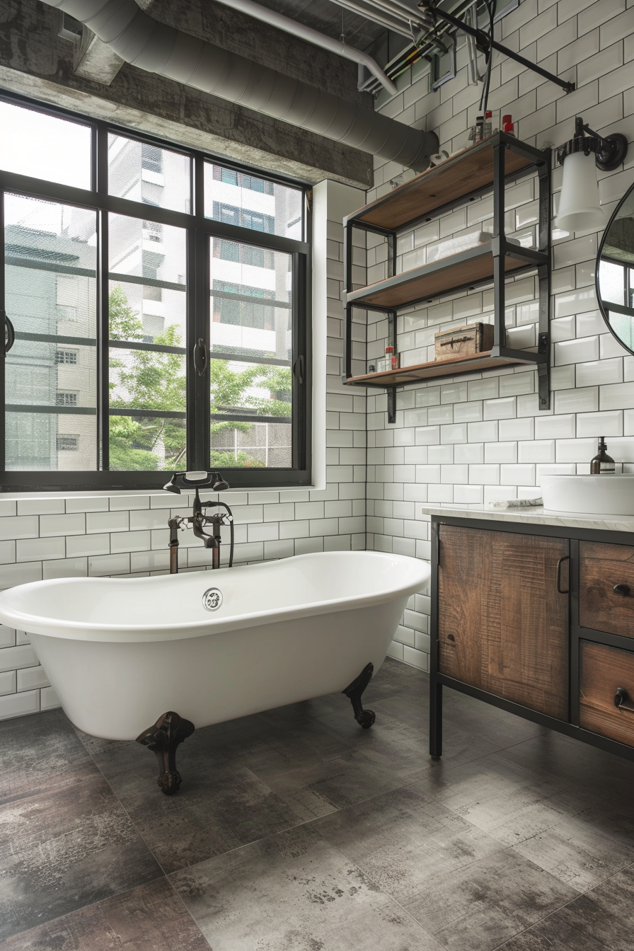 Industrial bathroom with large walk-in shower and exposed pipes.