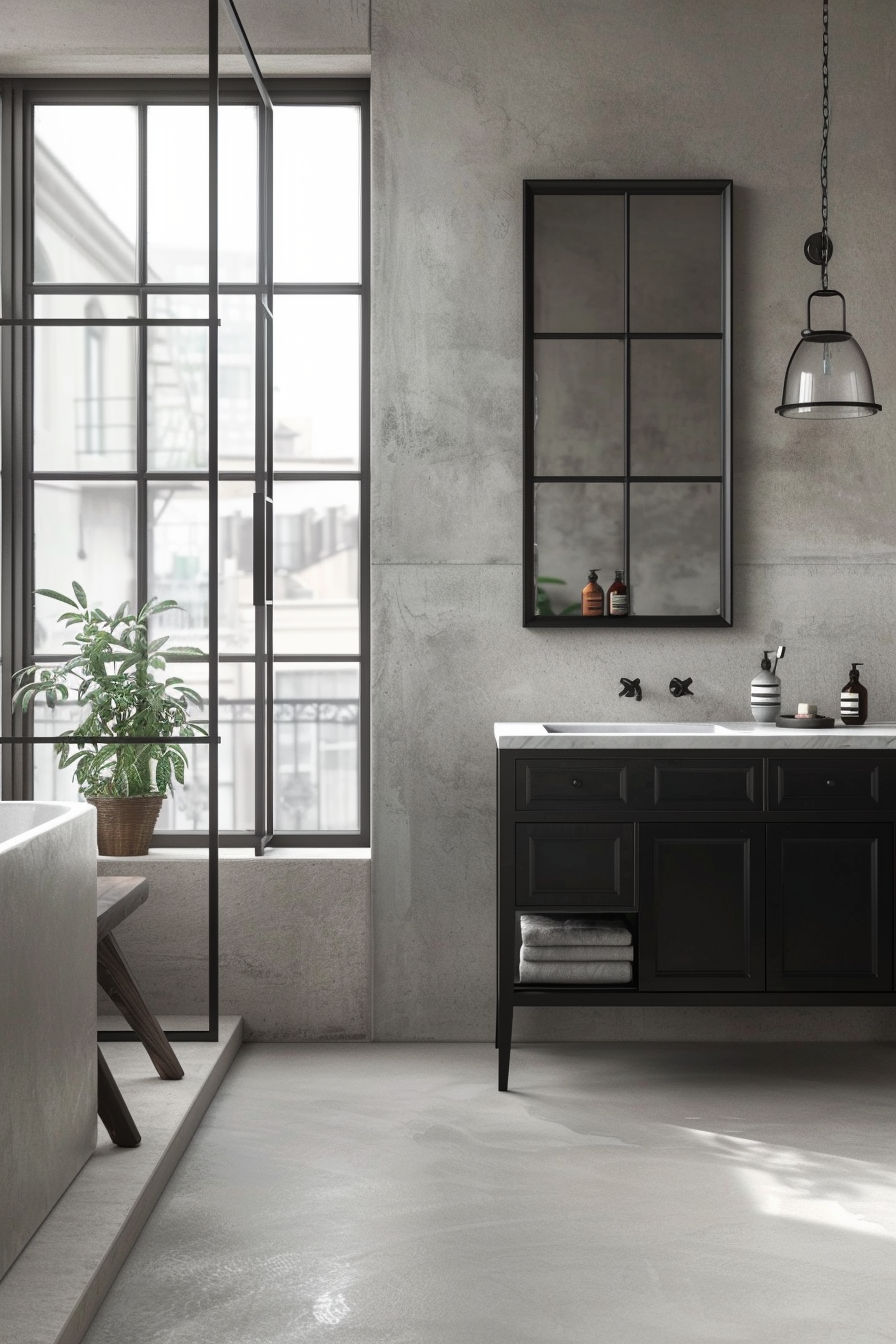 Industrial bathroom with greys and blacks and large window.