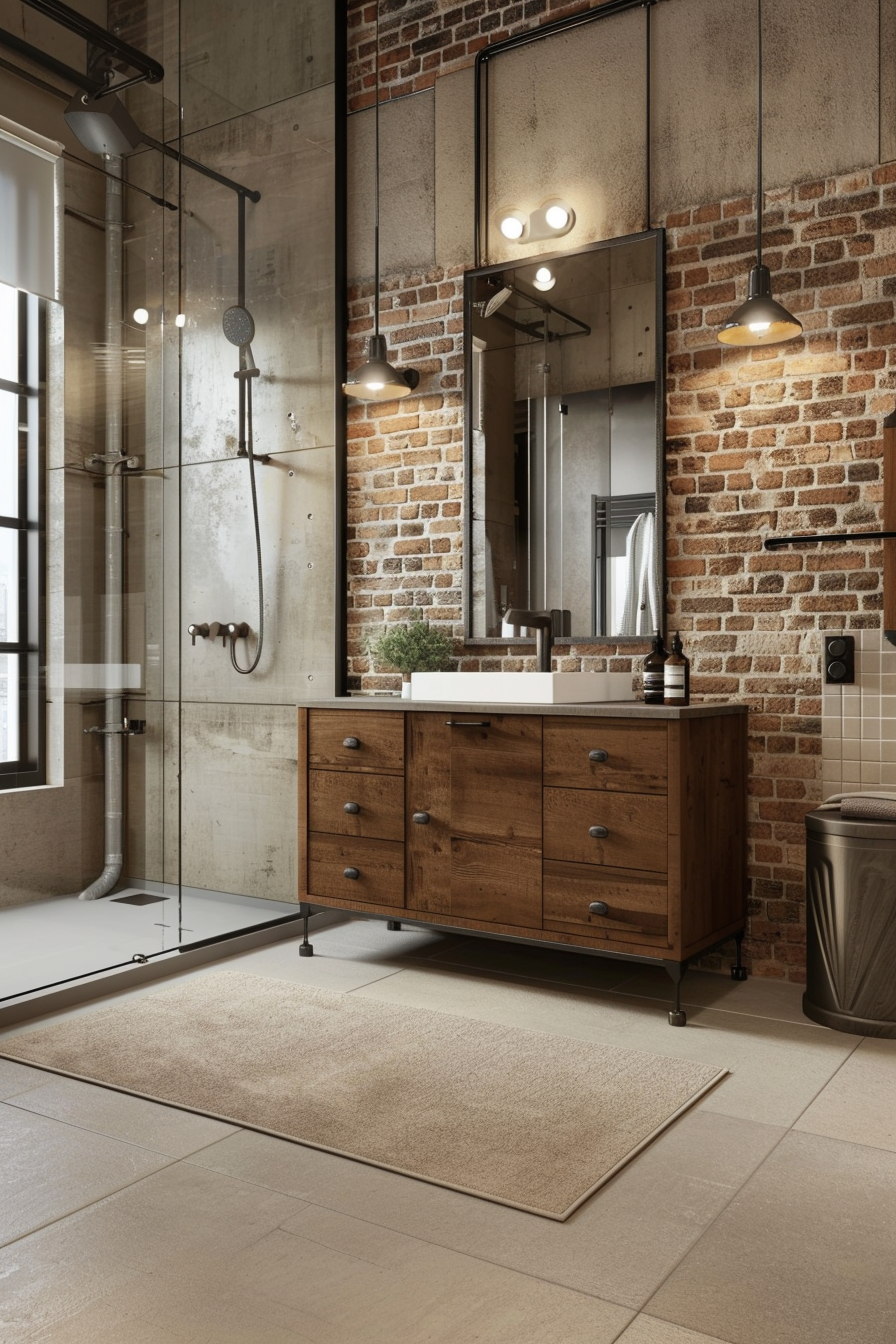 Industrial bathroom with beige and grey color scheme.