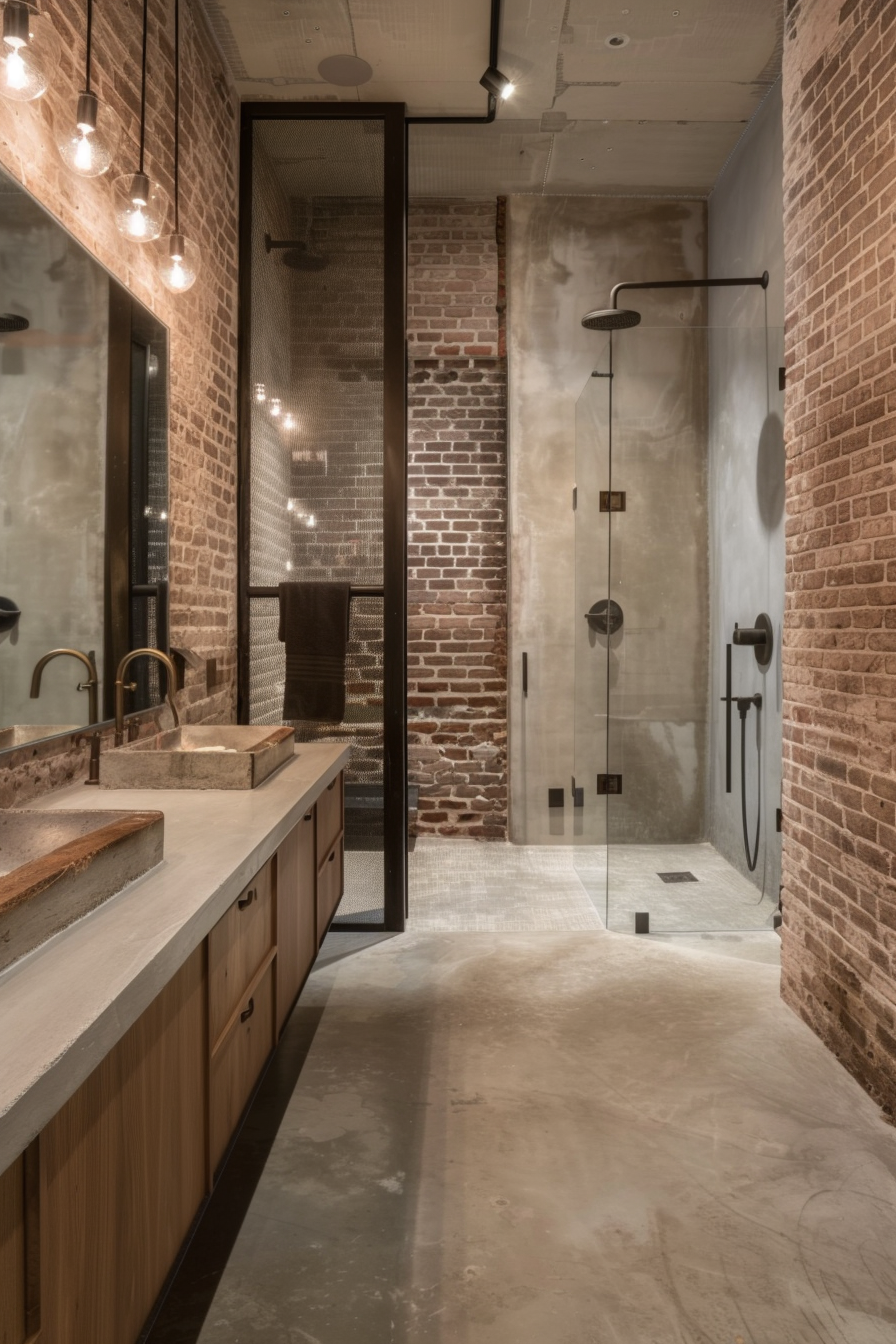 Industrial bathroom with exposed brick walls and concrete floor.