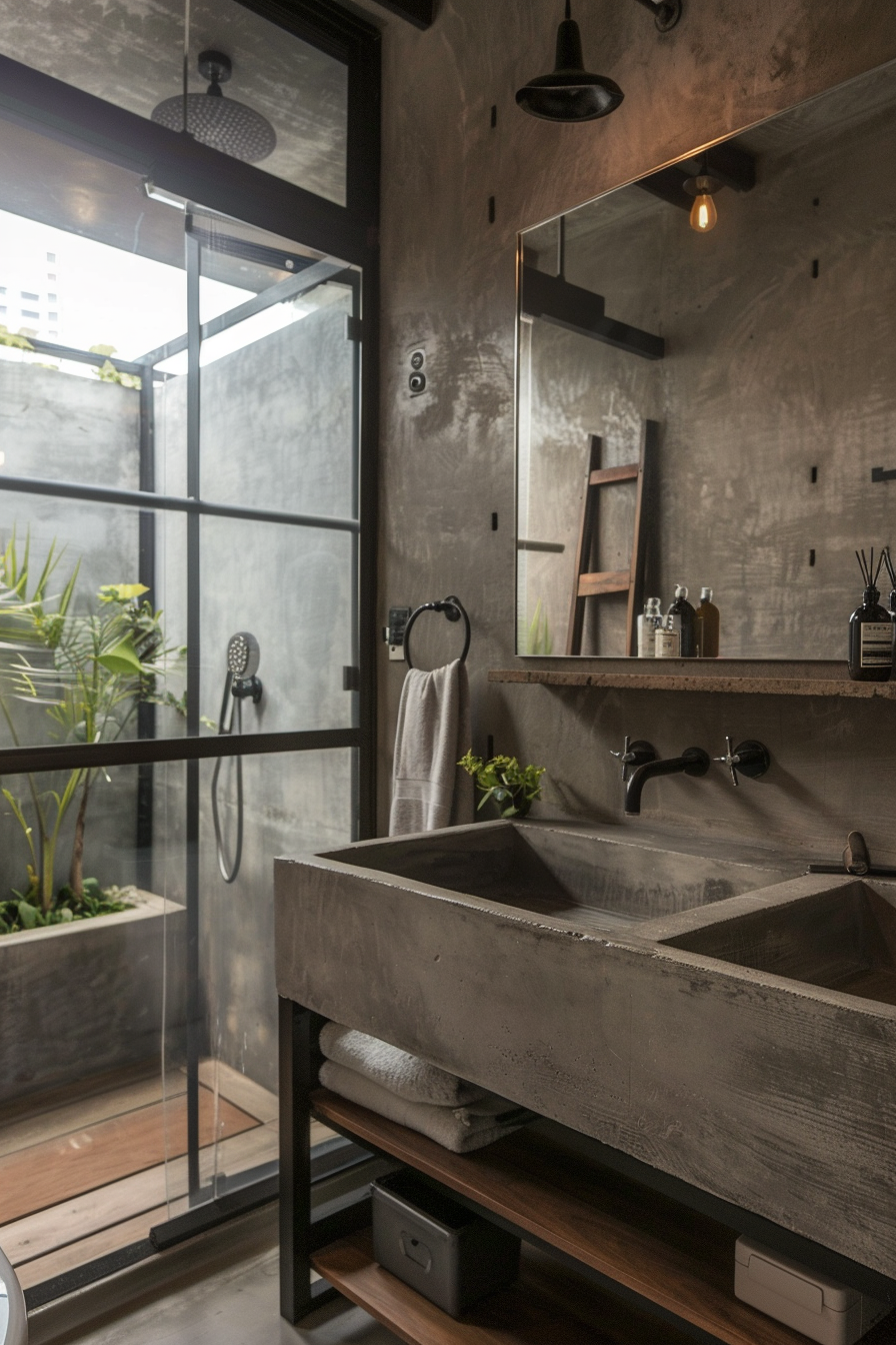 Industrial bathroom with concrete countertop and sink.