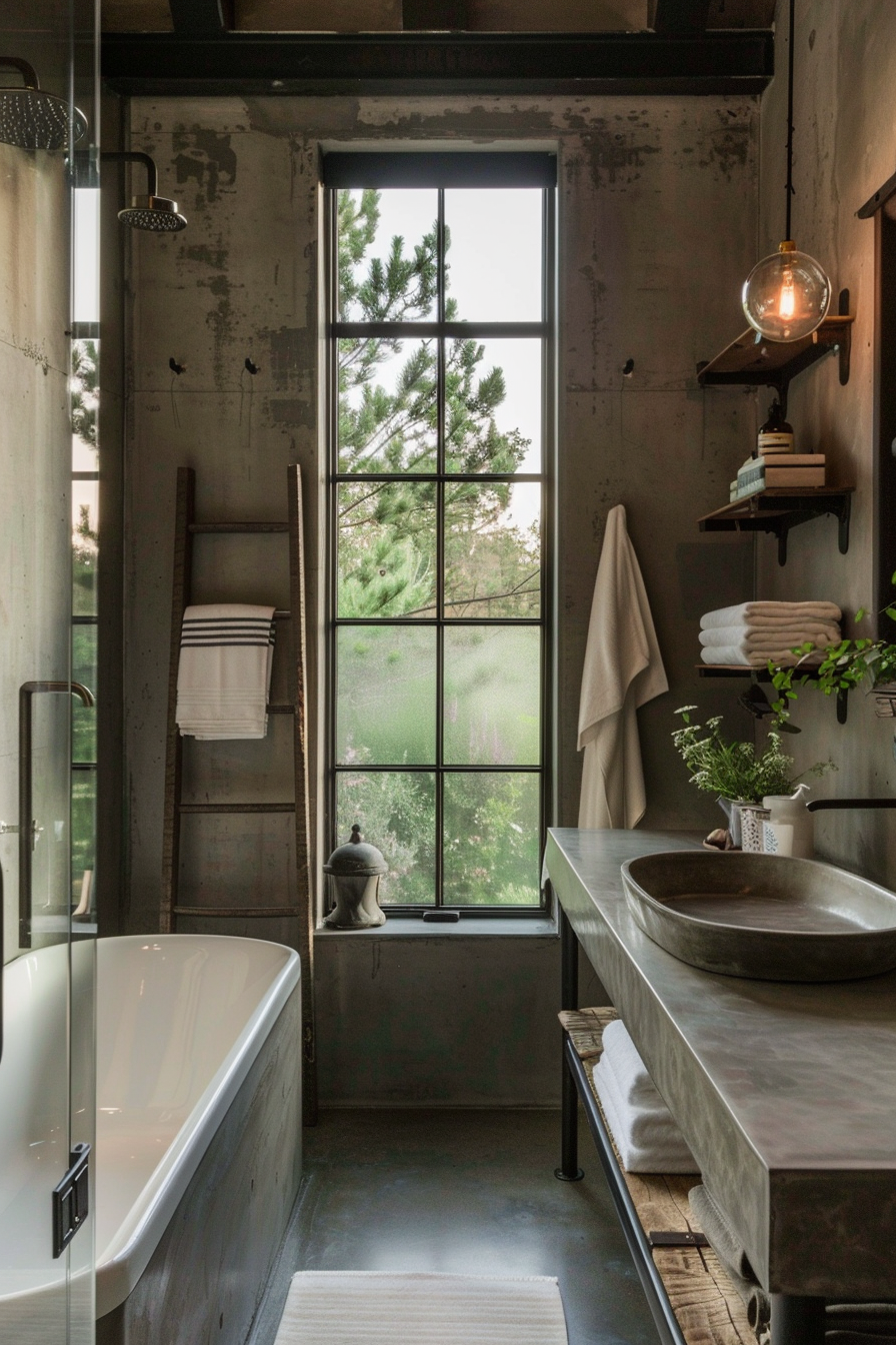 Industrial bathroom with smooth concrete walls and floors.