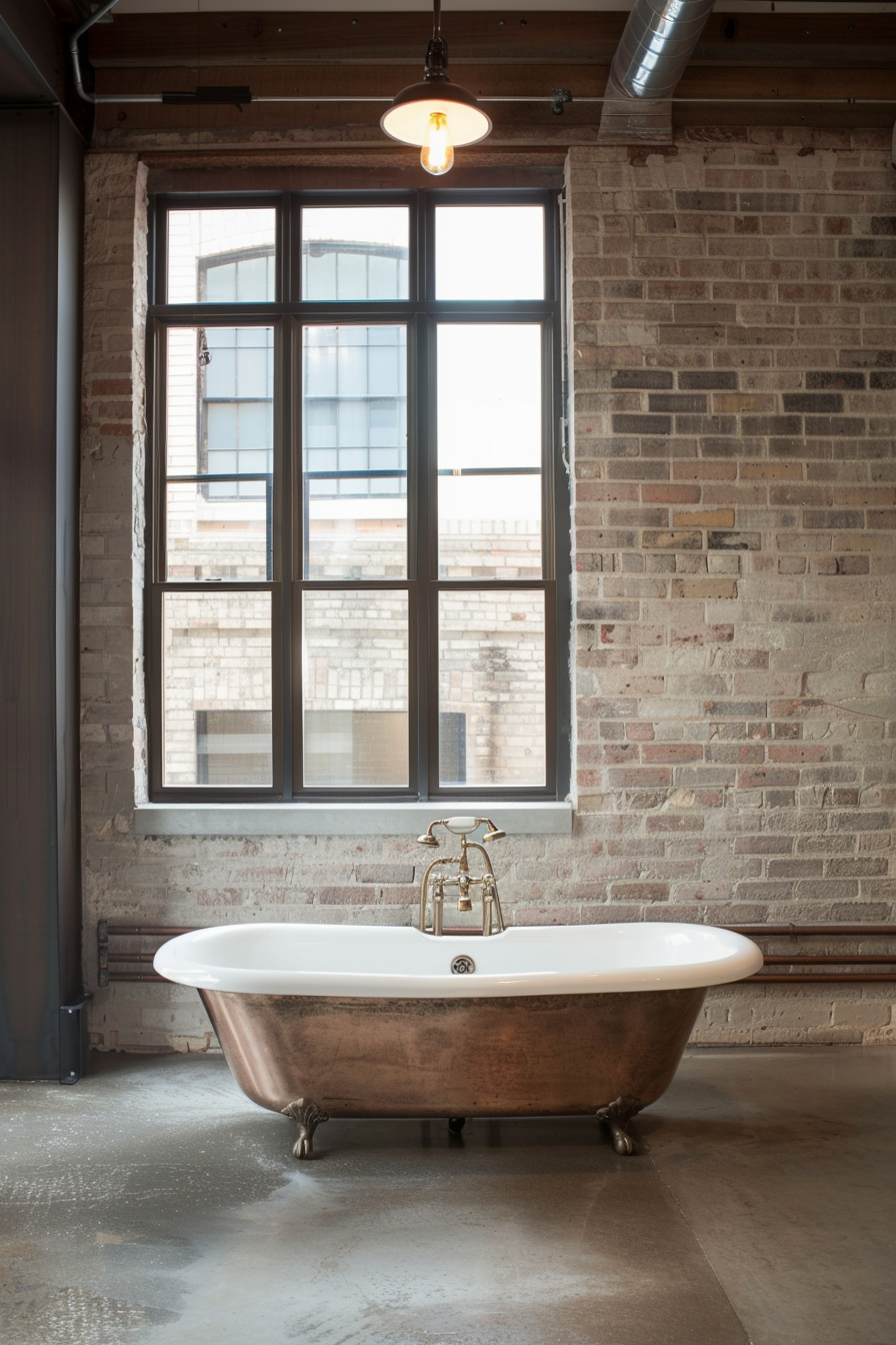 Industrial bathroom with copper and steel accents.