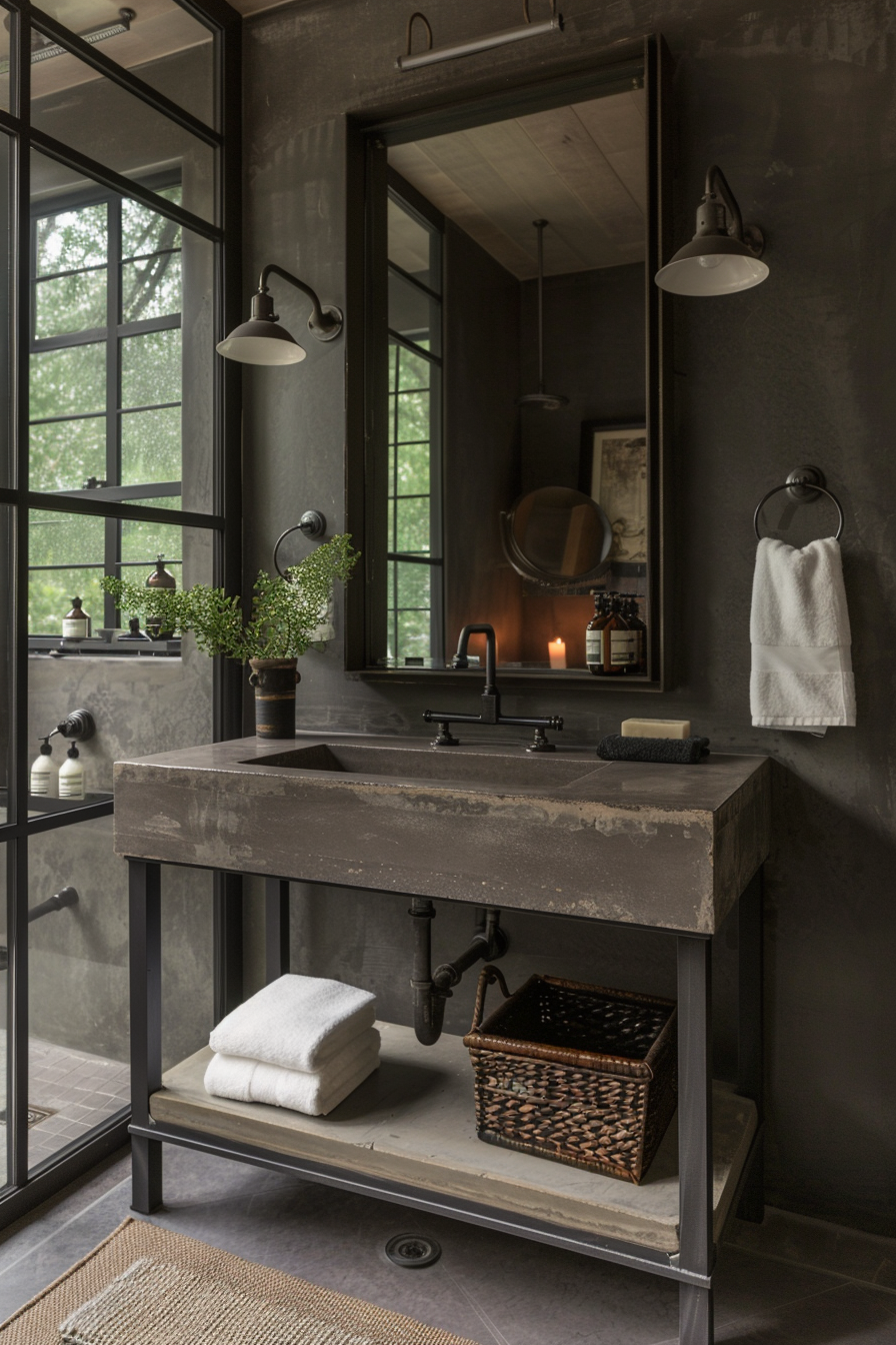 Industrial bathroom with metal fixtures and rustic elements.