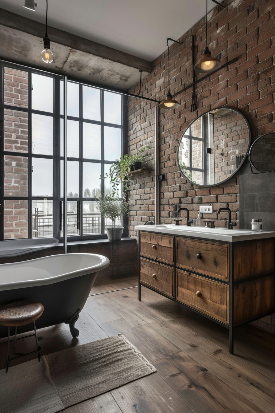 Industrial bathroom with exposed brick walls.