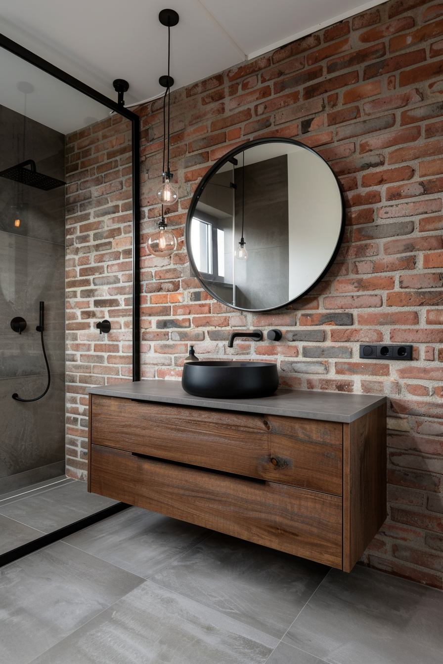 Industrial bathroom with exposed brick and rustic elements.