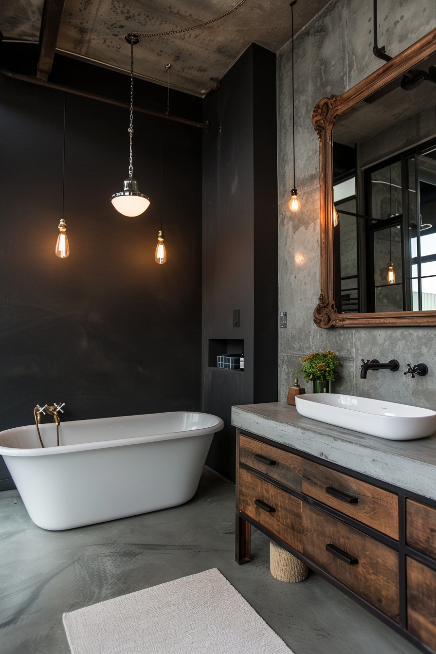 Industrial bathroom with vintage-style pendant lights.