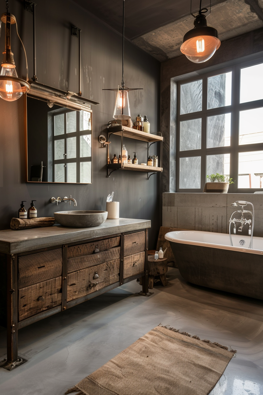 Bathroom with exposed bulb sconces and industrial elements.