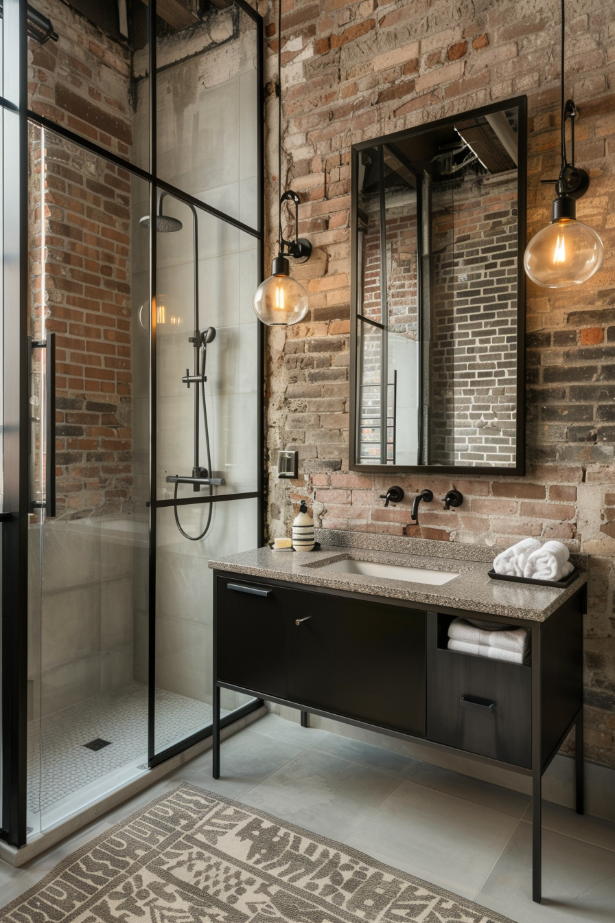 Industrial bathroom with vintage lighting and rustic vanity.