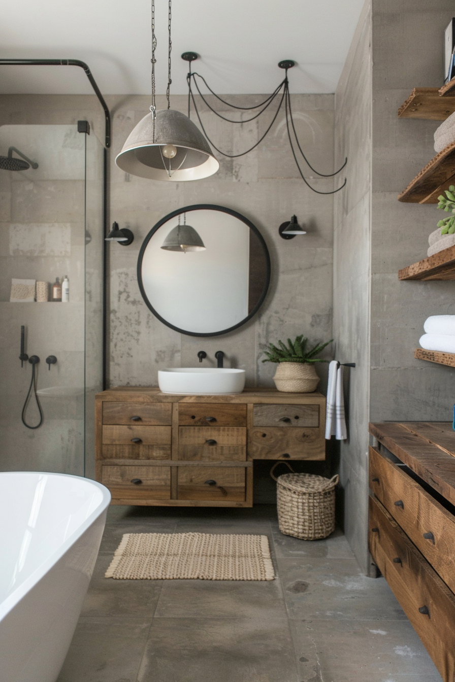 Industrial bathroom with a reclaimed wood vanity.