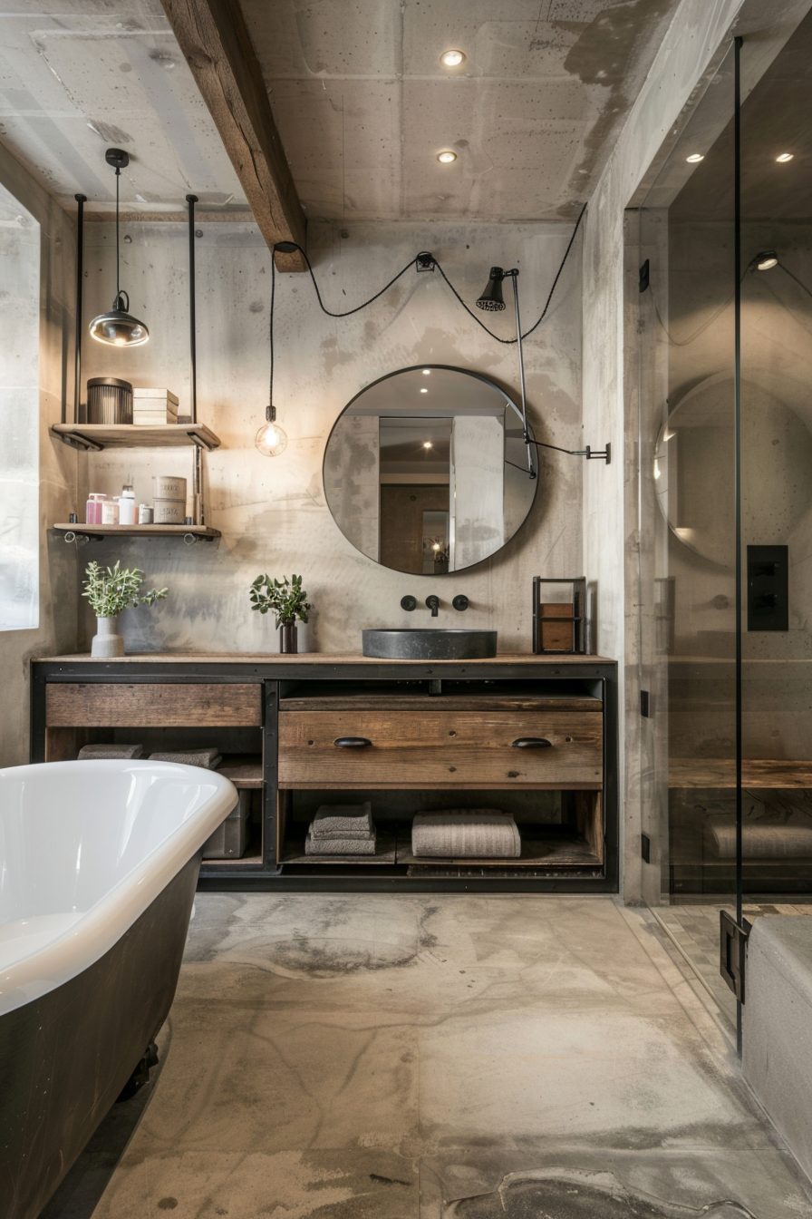 Bathroom with raw wood countertop and industrial elements.