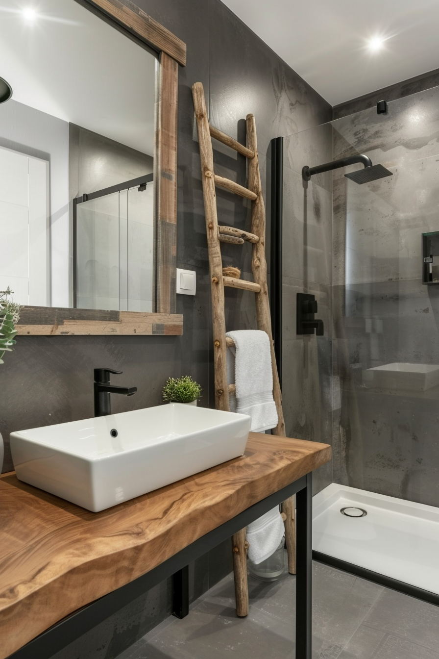 Industrial bathroom with wooden vanity and rustic accents.