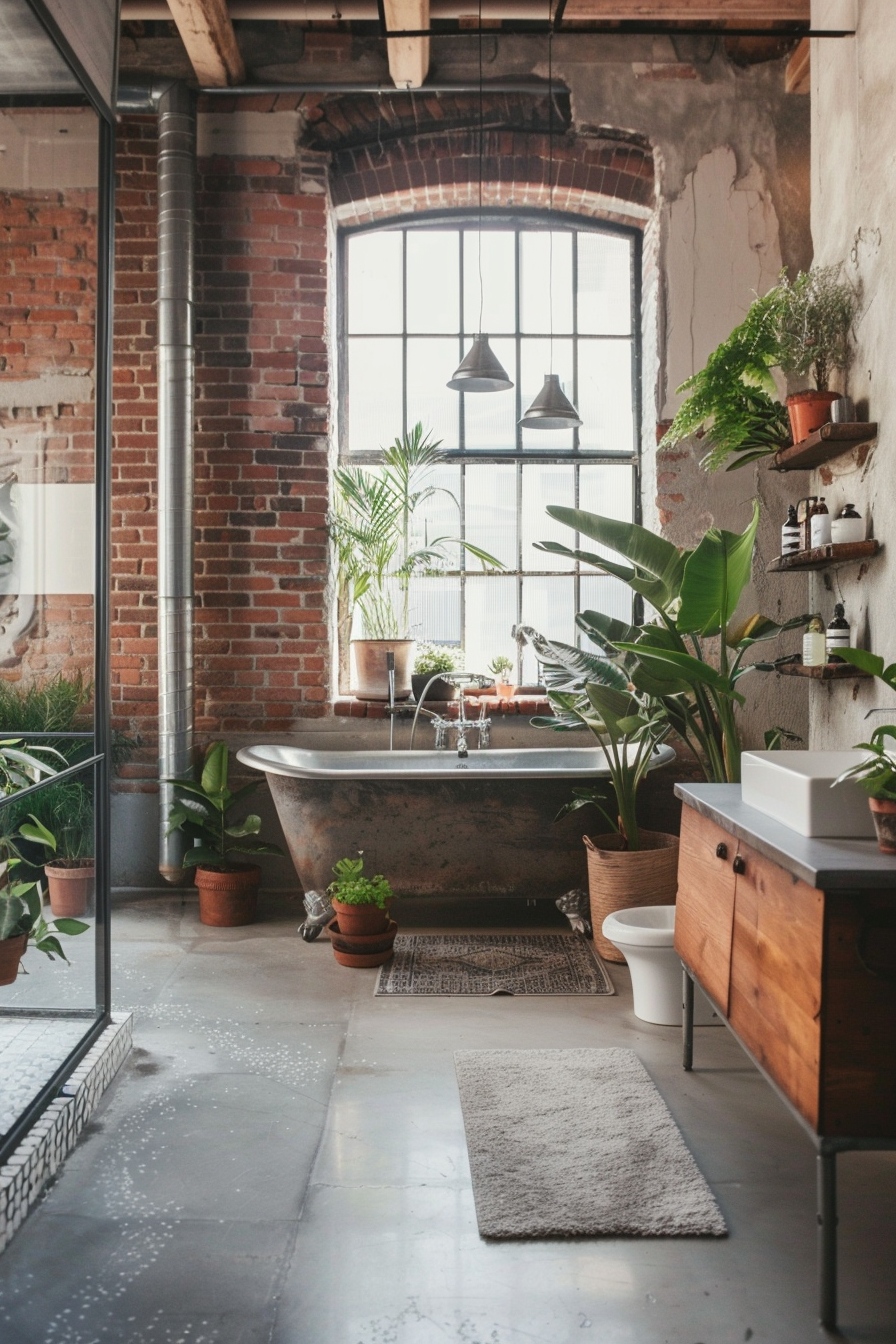 Industrial bathroom with potted plants and exposed brick walls.