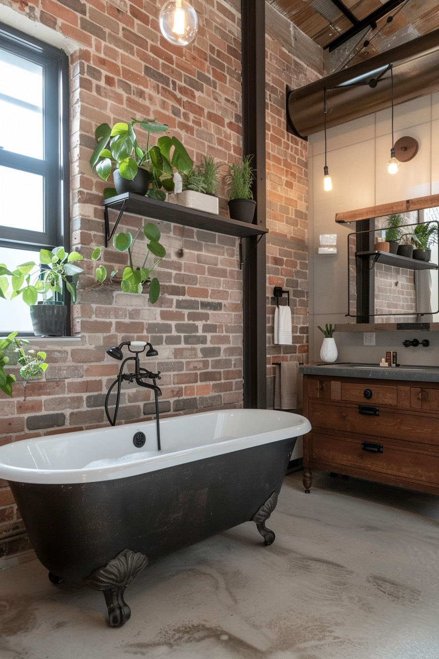 Industrial bathroom with hanging greenery and rustic elements.