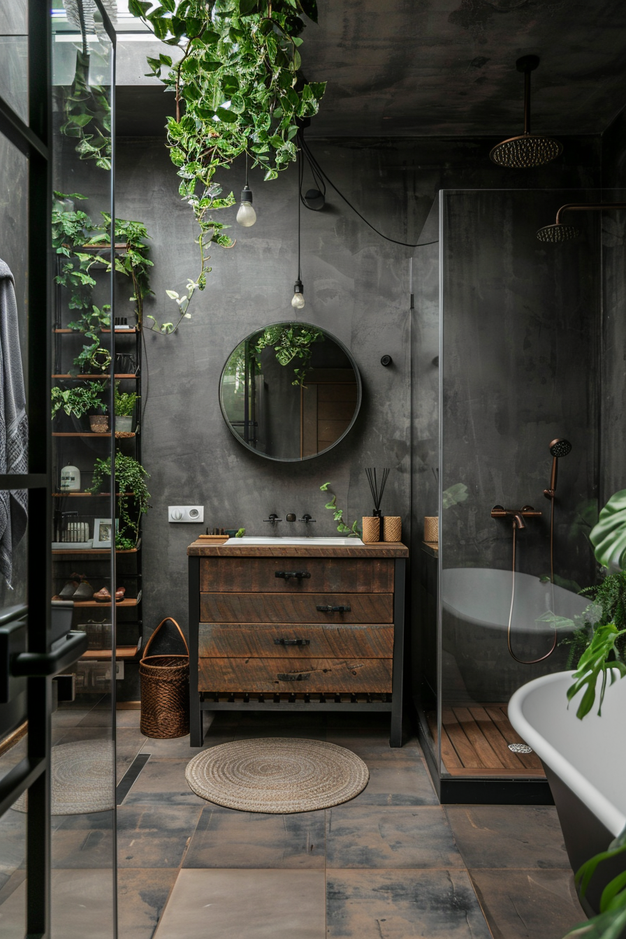Bathroom with potted plants and industrial design.