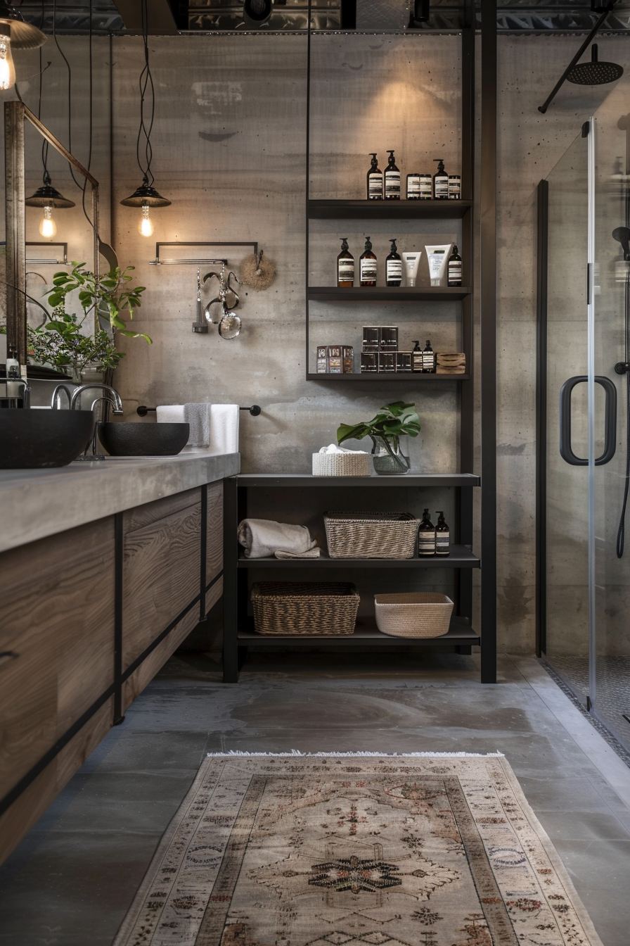 Industrial bathroom with metal open shelving.