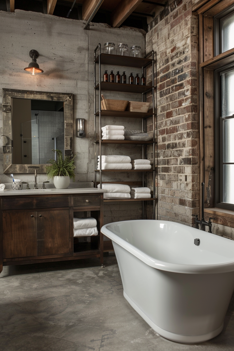 Bathroom with open metal shelving and industrial elements.