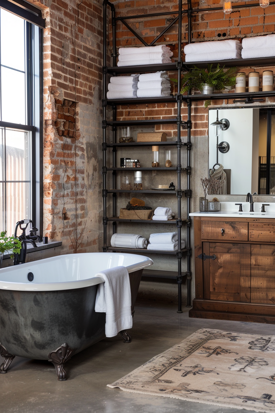Industrial bathroom with metal shelves and rustic vanity.
