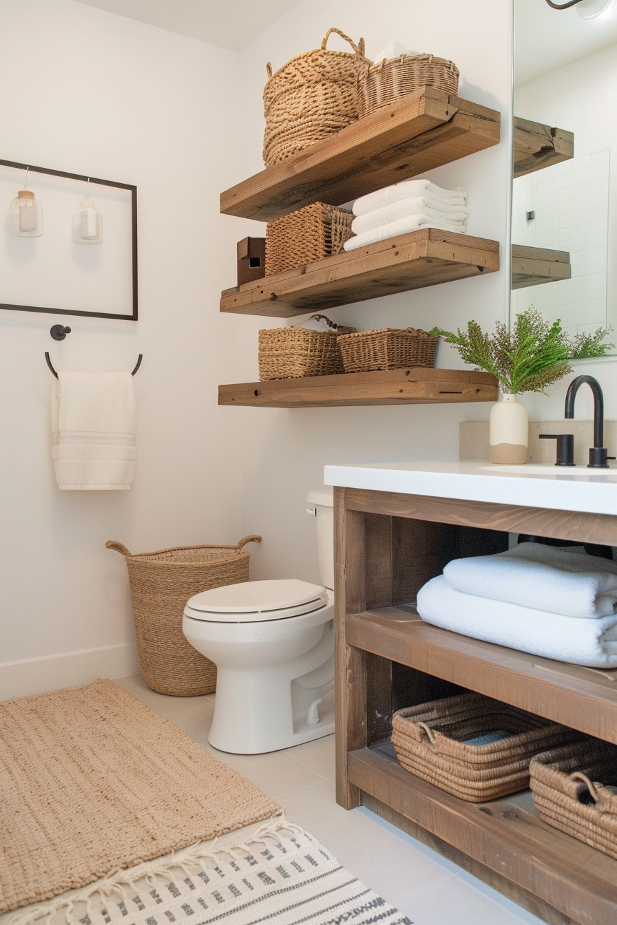 Japandi bathroom with open shelving