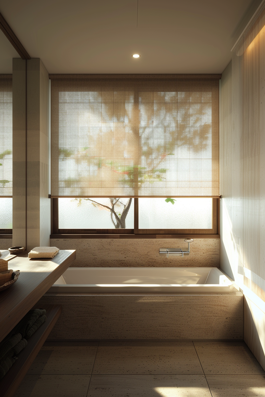 Japandi bathroom with soft, natural lighting