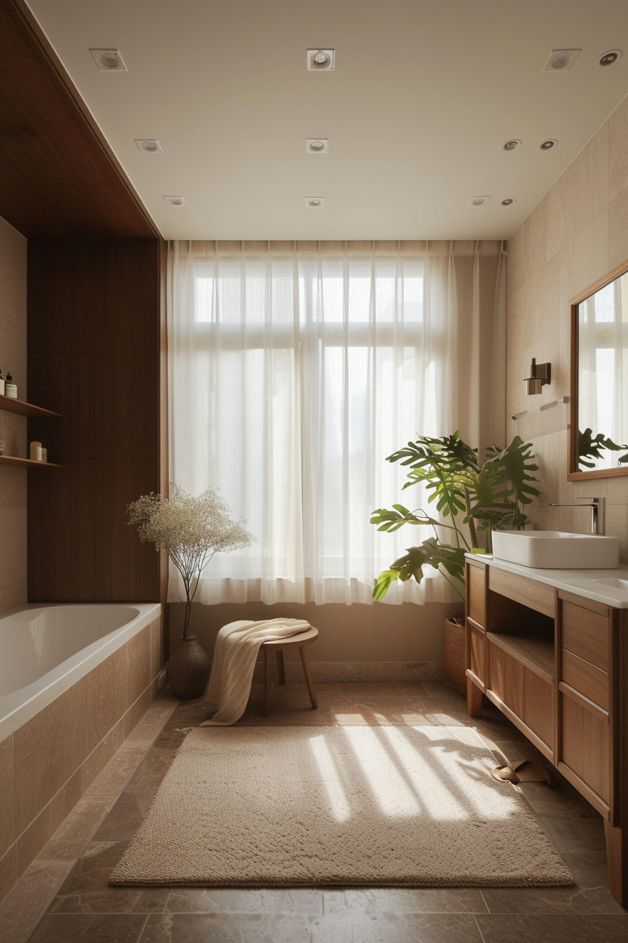 Window with sheer curtains and warm LED lights