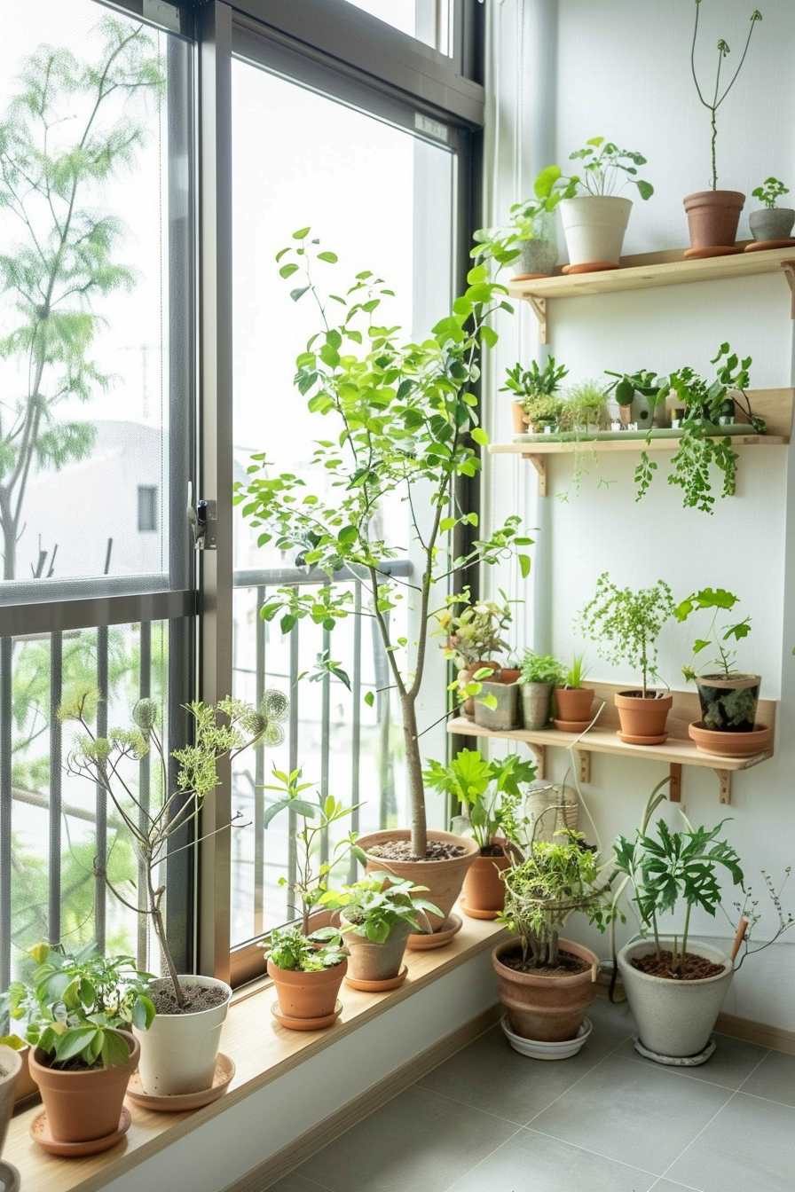 Small potted plants on shelves and countertops