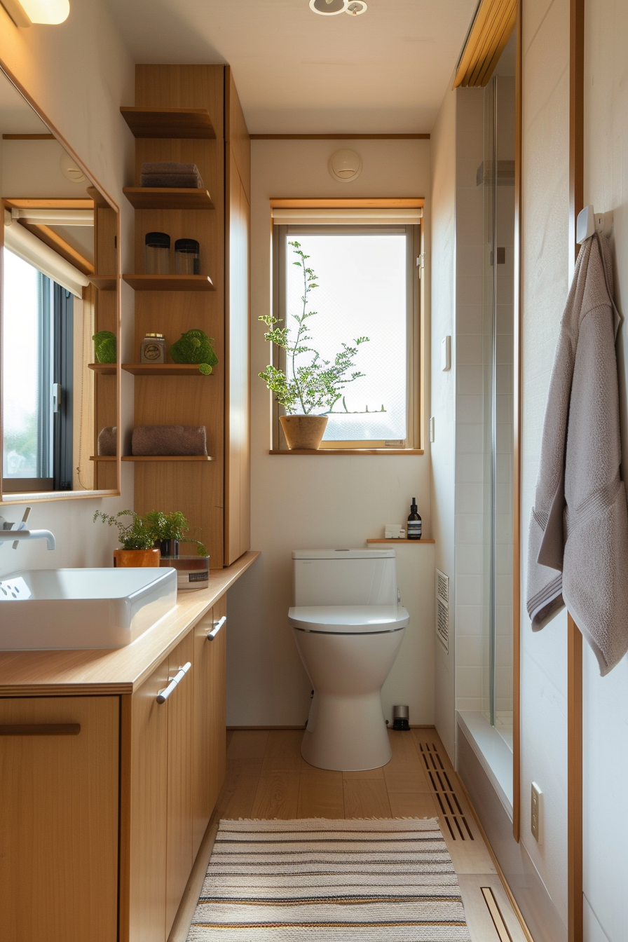 Sink and vanity against one wall with vertical storage
