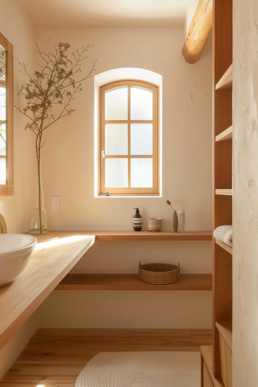 Light wood elements and oatmeal-colored walls