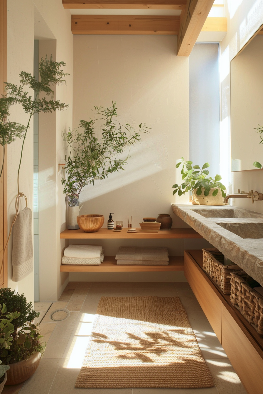 Teak vanity and bamboo shower mat