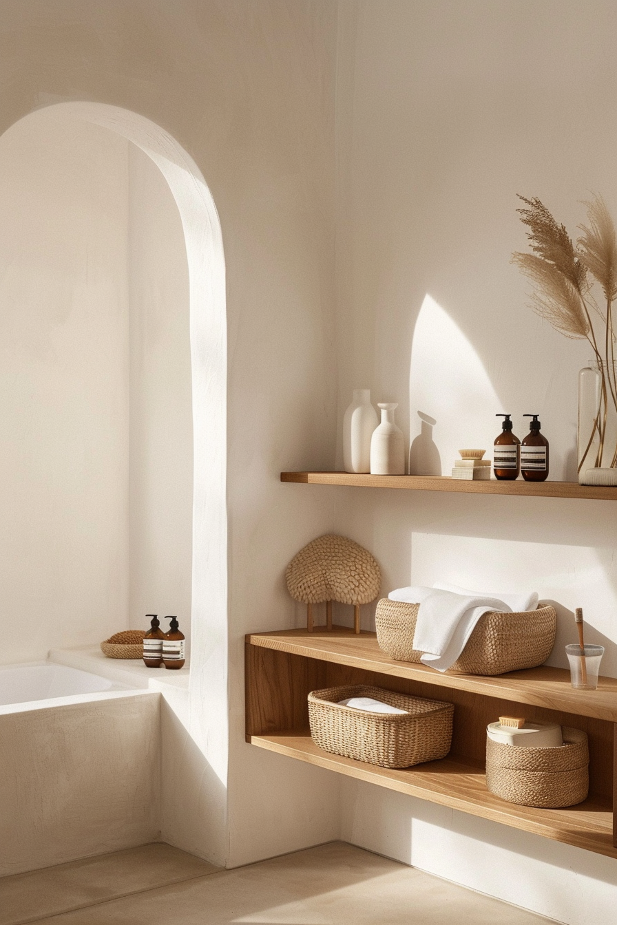Japandi bathroom with sleek, compact storage solutions