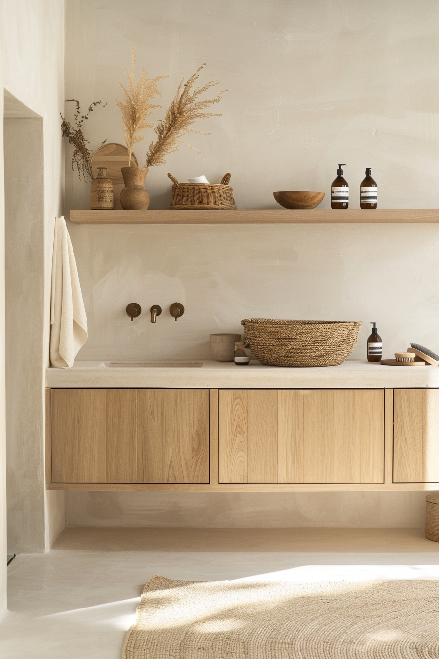 Floating wooden shelf and recessed shower niche